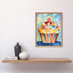 "Artery8 Wall Art Print Rainbow Pattern Cupcake Folk Art Watercolour Painting Art Framed in Light Oak - Size: W12"" x H16""" - thumbnail 2