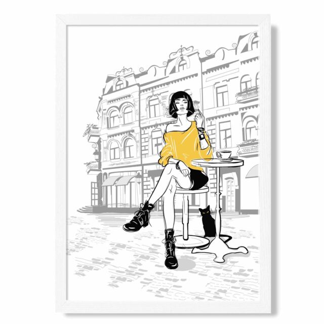 ARTZE Paris Caf√© with Cat Style & Fashion Sketch Framed Print SIZE: A2 with White Frame in Yellow - Size: A4 - image 1