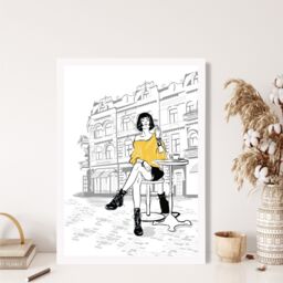 ARTZE Paris Caf√© with Cat Style & Fashion Sketch Framed Print SIZE: A2 with White Frame in Yellow - Size: A4 - thumbnail 2