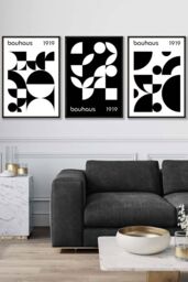 ARTZE Set of 3 Black Framed Mid Century Bauhaus Black & White Wall Art - Size: W33 cm x H45 cm x D20mm - thumbnail 1