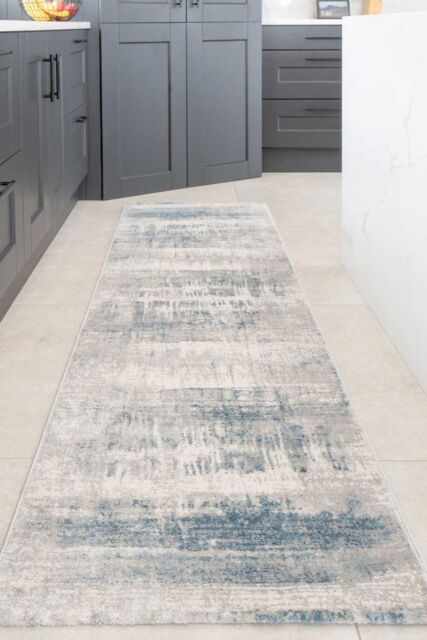 Kukoon Runner Rug Silver Grey Blue Distressed Abstract Long Hallway Rugs - Size: 70 cm x 240 cm - image 1
