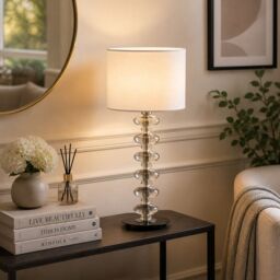 Orsina White Fabric Shade Lamp, Ceramic Base with Raised Bobble Design & Glossy White Finish, 40W E14 Bulb - thumbnail 3