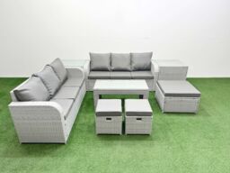Fimous Outdoor Garden Furniture Sets 9 Seater Wicker Rattan Furniture Sofa Sets w/ Oblong Coffee Table high Back Lounge Sofa 3 Stools 2 Side Table - thumbnail 2