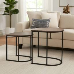 Gr8 Home Nest of 2 Metal Wood Woodgrain Coffee Side Tables in Black - thumbnail 1
