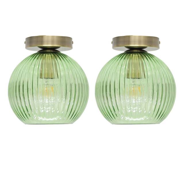 First Choice Lighting Set of 2 Betchley - Green Ribbed Glass Antique Brass Ceiling Lights - image 1