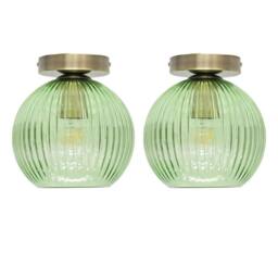 First Choice Lighting Set of 2 Betchley - Green Ribbed Glass Antique Brass Ceiling Lights