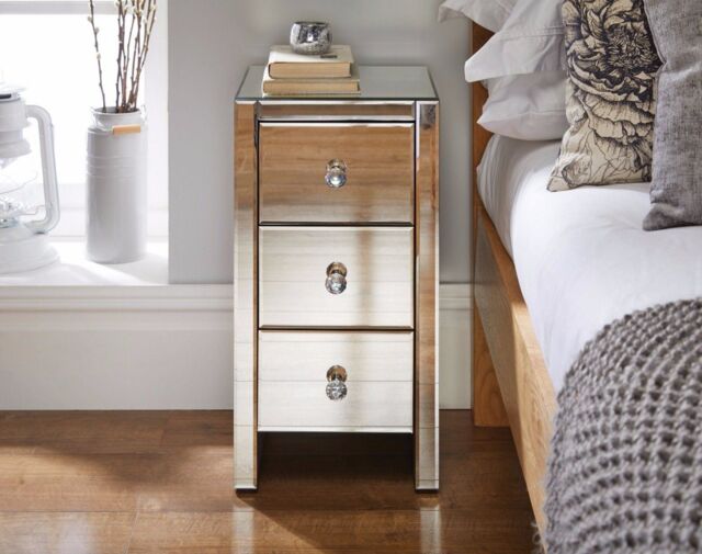 FurnitureboxUK Murano Slim 3 Drawer Mirrored Square bedside Table With Crystaline Shaped Handles in Silver - image 1