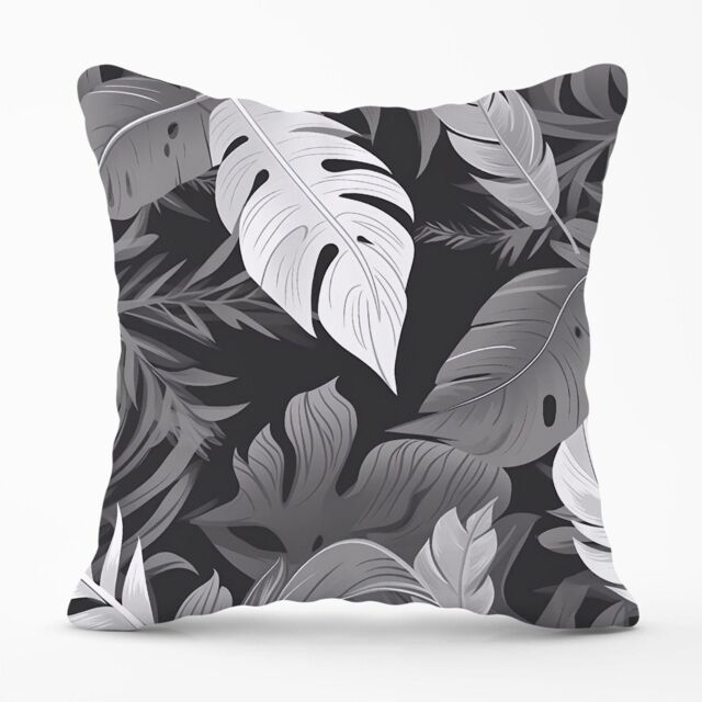 Warren Reed - Designer Black White Tropical Leaves Outdoor Cushion in Grey - Size: 60 cm x 60 cm - image 1