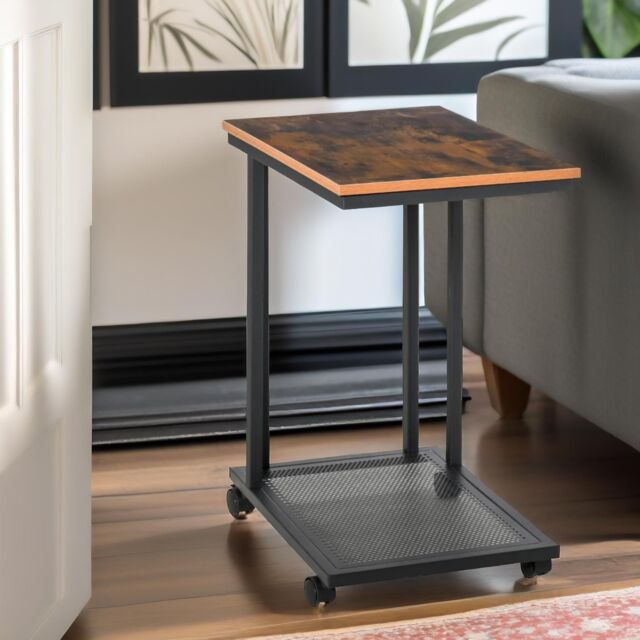 Pirlo Plush Industrial C Shaped Side Table With Mesh Shelf & Wheels in Brown - image 1