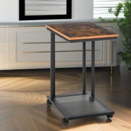 Pirlo Plush Industrial C Shaped Side Table With Mesh Shelf & Wheels in Brown - thumbnail 2