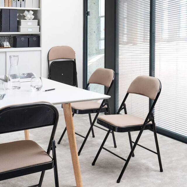 Wyld and Coco Set 4 Folding Chairs Beige Padded Seats and Backrests Black Metal - image 1