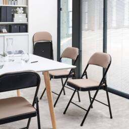 Wyld and Coco Set 4 Folding Chairs Beige Padded Seats and Backrests Black Metal - thumbnail 1