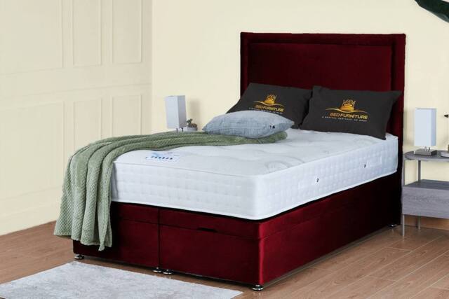 UK Bed Furniture Hanna Divan Ottoman Storage Bed with End Lift & 54 Inch Headboard in Maroon - Size: Small Double - image 1