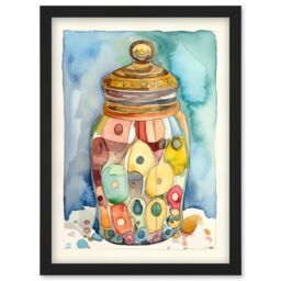 Artery8 Glass Cookie Jar With Sweets Folk Art Watercolour Painting Artwork Framed Wall Art Print A4 in Black - thumbnail 1