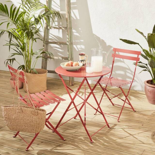 sweeek Round Folding Metal Bistro Garden Table With 2 Chairs in Terracotta - image 1