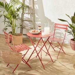sweeek Round Folding Metal Bistro Garden Table With 2 Chairs in Terracotta - thumbnail 1