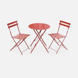 sweeek Round Folding Metal Bistro Garden Table With 2 Chairs in Terracotta - thumbnail 2