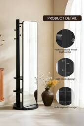 Living and Home 360° Rotating Full-Length Mirror with Coat Rack in Black - thumbnail 3
