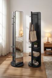 Living and Home 360° Rotating Full-Length Mirror with Coat Rack in Black - thumbnail 4