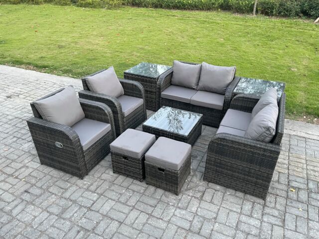 Fimous Garden Furniture Set Rattan Outdoor Lounge Sofa Chair With Tempered Glass Table 2 Small Footstools 2 Side Tables Dark Grey Mixed - image 1