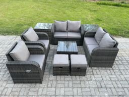 Fimous Garden Furniture Set Rattan Outdoor Lounge Sofa Chair With Tempered Glass Table 2 Small Footstools 2 Side Tables Dark Grey Mixed - thumbnail 2