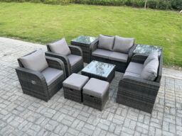 Fimous Garden Furniture Set Rattan Outdoor Lounge Sofa Chair With Tempered Glass Table 2 Small Footstools 2 Side Tables Dark Grey Mixed - thumbnail 1