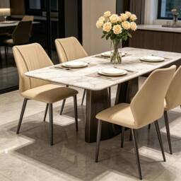 NESTLUNE 4CS light Khaki Luxury Kitchen Chairs Leathered Accent Side Chairs in Beige - Size: 100 cm x 60 cm - thumbnail 4