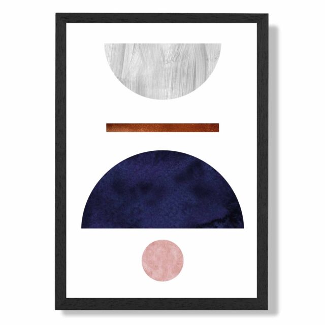 ARTZE Navy Blue & Grey Semi Circles Mid Century Geometric Framed Print SIZE: A3 with Black Frame - Size: A4 - image 1