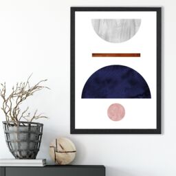 ARTZE Navy Blue & Grey Semi Circles Mid Century Geometric Framed Print SIZE: A3 with Black Frame - Size: A4 - thumbnail 2