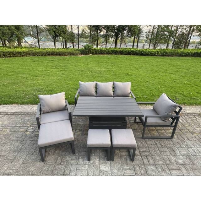 Fimous Aluminum 8-Seater Sofa Set with Lifting Table, 2 Chairs & 3 Footstools in Dark Grey - image 1