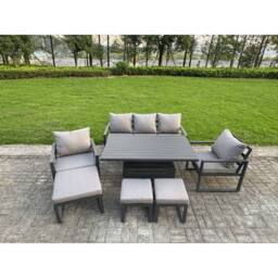 Fimous Aluminum 8-Seater Sofa Set with Lifting Table, 2 Chairs & 3 Footstools in Dark Grey - thumbnail 1