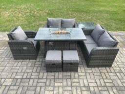 Fimous Rattan Garden Furniture Set with Gas Fire Pit Dining Table, Side Table & 2 Small Footstools Indoor Outdoor 7 piece Loveseat Sofa set - thumbnail 1