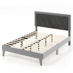 Gymax Double Platform Bed Velvet Upholstered Bed Frame Base High Headboard in Grey - thumbnail 1