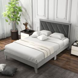 Gymax Double Platform Bed Velvet Upholstered Bed Frame Base High Headboard in Grey - thumbnail 9
