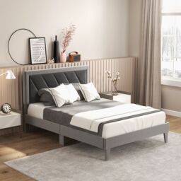 Gymax Double Platform Bed Velvet Upholstered Bed Frame Base High Headboard in Grey - thumbnail 8