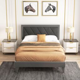 Gymax Double Platform Bed Velvet Upholstered Bed Frame Base High Headboard in Grey - thumbnail 7