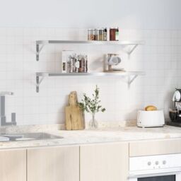 Berkfield Home Wall Shelves 2 pcs 100x30x3 cm Silver Stainless Steel - Size: 100 x 30 x 3 cm - thumbnail 3