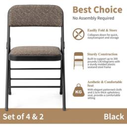 EONLION 4PCS Folding Chairs with Padded Fabric Seats, Heavy Duty Metal Frame in Brown - Size: 100 cm - thumbnail 3