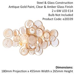 Loops 2 PACK Antique Gold Wall Light & Ornate Amber Glass Detailing - Twin Bulb Sconce in Clear - thumbnail 2