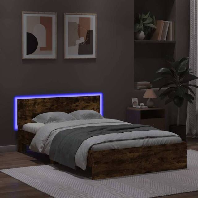 Berkfield Home Durable Bed Frame with Headboard & LED Smoked Oak 120x200 cm in Brown - Size: Small Double - image 1