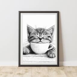 60 SECOND MAKEOVER Cat With Coffee Print Poster Wall Art - Size: A4 - thumbnail 1