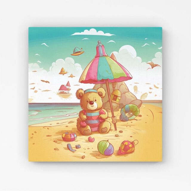 "Warren Reed - Designer Lucky Teddy Bear On A Beach Holiday Canvas in Yellow - Size: W16"" x H16""" - image 1