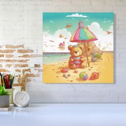 "Warren Reed - Designer Lucky Teddy Bear On A Beach Holiday Canvas in Yellow - Size: W16"" x H16""" - thumbnail 2