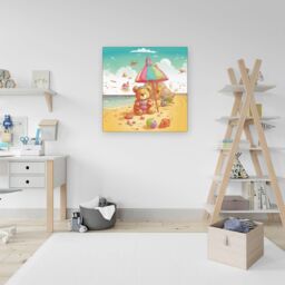 "Warren Reed - Designer Lucky Teddy Bear On A Beach Holiday Canvas in Yellow - Size: W16"" x H16""" - thumbnail 3