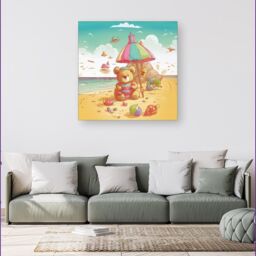 "Warren Reed - Designer Lucky Teddy Bear On A Beach Holiday Canvas in Yellow - Size: W16"" x H16""" - thumbnail 4