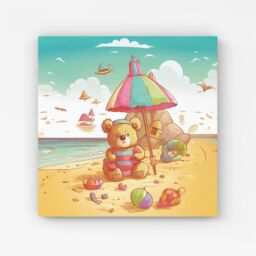 "Warren Reed - Designer Lucky Teddy Bear On A Beach Holiday Canvas in Yellow - Size: W16"" x H16""" - thumbnail 1