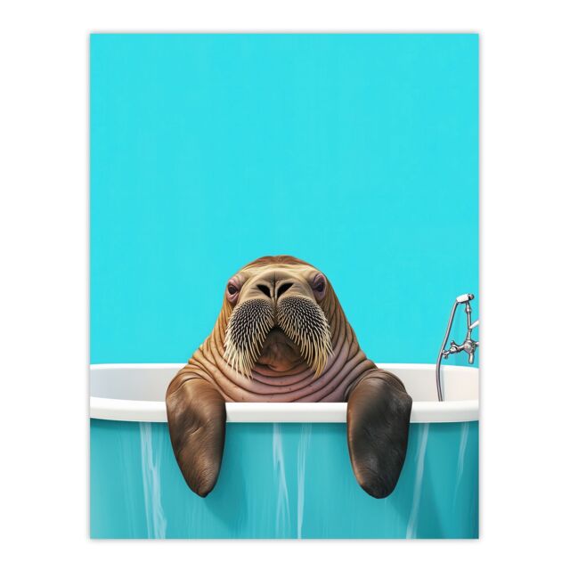 "Artery8 Bath Time Cute Walrus in Bathtub Vibrant Fun Wall Art Print in Blue - Size: W24"" x H32""" - image 1