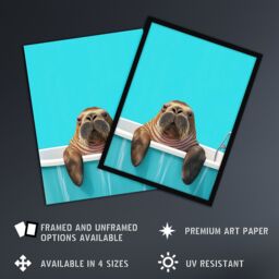 "Artery8 Bath Time Cute Walrus in Bathtub Vibrant Fun Wall Art Print in Blue - Size: W24"" x H32""" - thumbnail 2