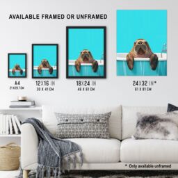 "Artery8 Bath Time Cute Walrus in Bathtub Vibrant Fun Wall Art Print in Blue - Size: W24"" x H32""" - thumbnail 3