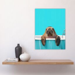 "Artery8 Bath Time Cute Walrus in Bathtub Vibrant Fun Wall Art Print in Blue - Size: W24"" x H32""" - thumbnail 4